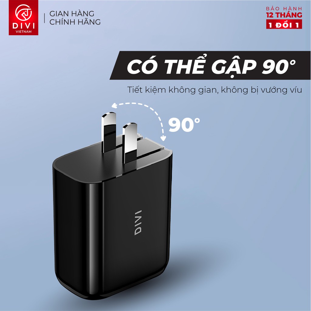 Củ sạc nhanh DIVI P2208 hỗ trợ PD, QC 3.0 Công suất 30W - USB 2.0 + Type C - Hàng chính hãng - Bảo hành 12 tháng 1 đổi 1