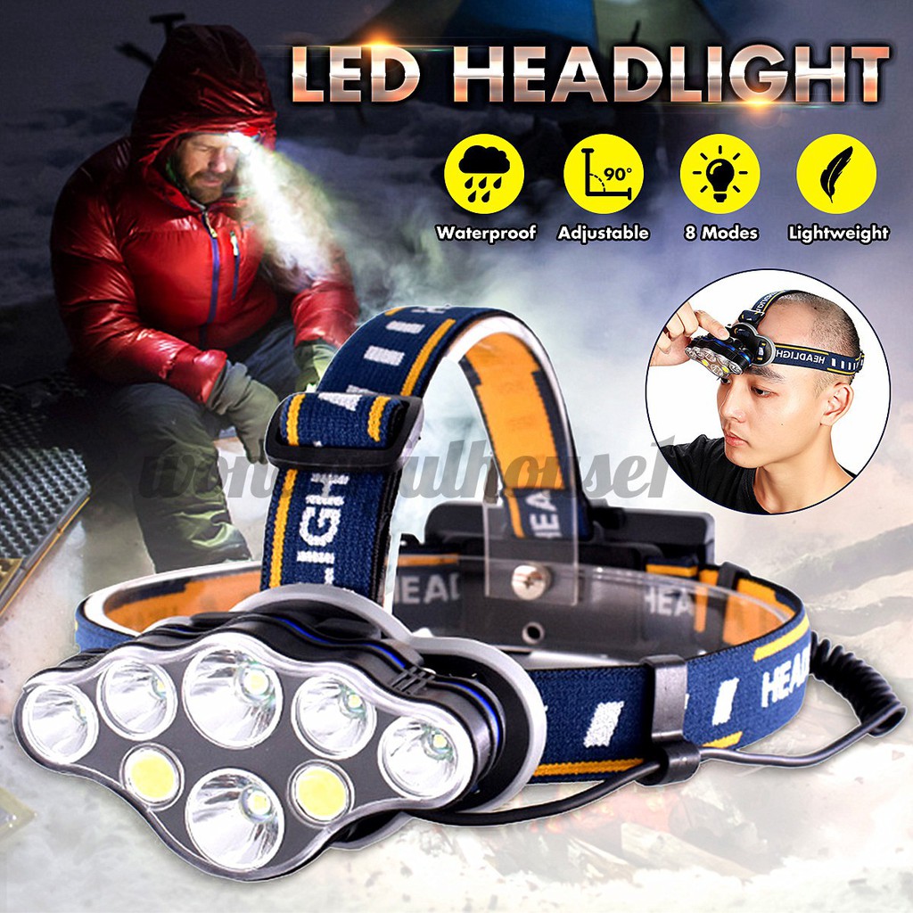 Đèn Pin Đội Đầu Đeo Trán 8 Bóng T6 Siêu Sáng Kèm Pin Sạc