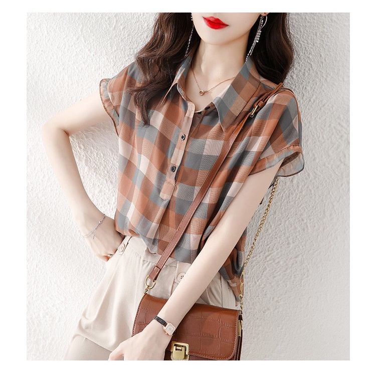Áo Sơ Mi Chiffon Mỏng Tay Ngắn Dáng Rộng In Họa Tiết Caro Thời Trang Mùa Hè Cho Nữ