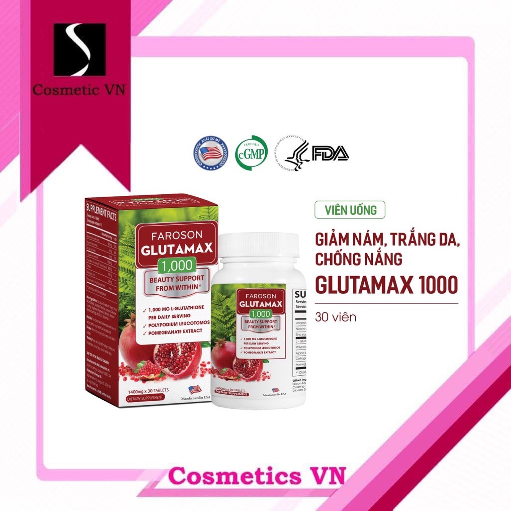 Viên uống giảm nám trắng da chống nắng Glutamax 1000 hộp 30 viên