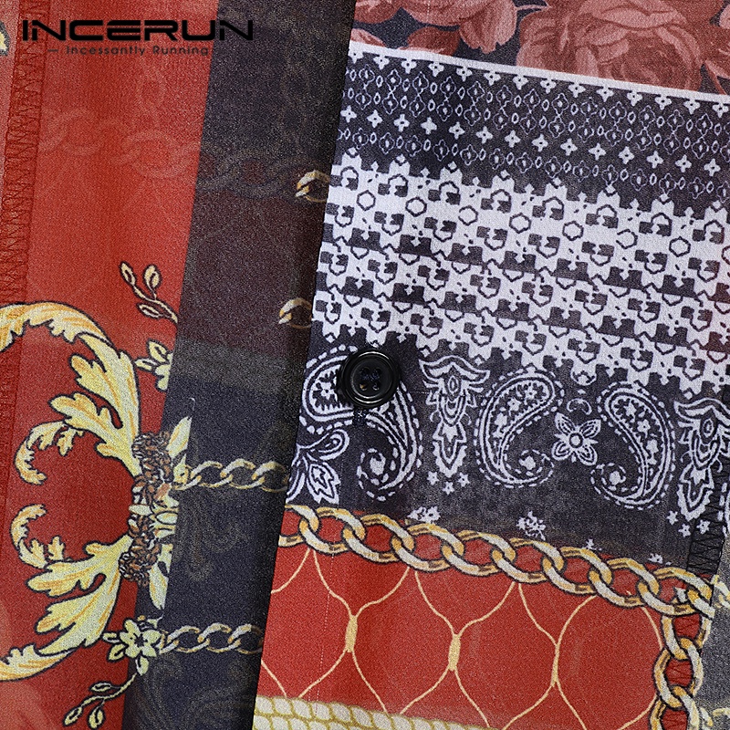 INCERUN Áo Sơ Mi Ngắn Tay Dáng Rộng Họa Tiết Dân Tộc Retro Dành Cho Nam