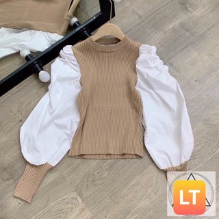 áo len zip tay phồng voan