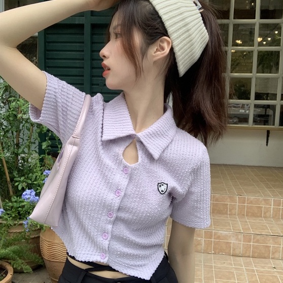 Áo thun polo ZHELIHANGFEI dệt kim tay ngắn lưng cao thiết kế cá tính quyến rũ cho nữ