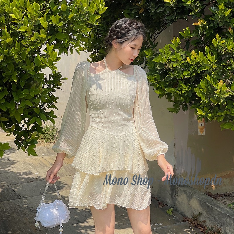 Đầm cổ yếm voan ren hạt tiểu thư dài tay 2 tầng tay bồng Ảnh thật/ sẵn | BigBuy360 - bigbuy360.vn