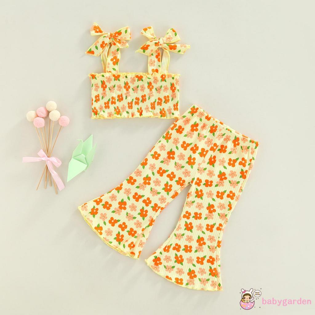 Bộ Áo Hai Dây In Hoa + Quần Ống Loe Co Giãn Dành Cho Bé Gái 6 Tháng Tuổi