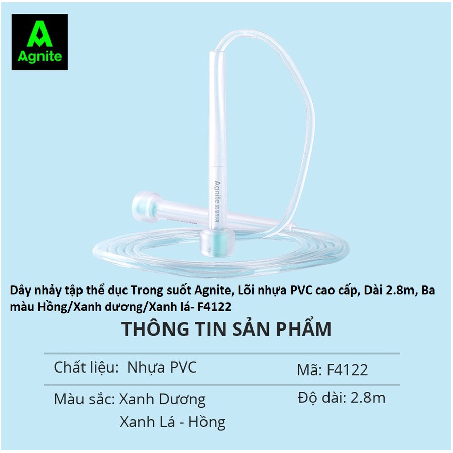 Dây nhảy tập thể dục  2.8m Trong suốt Deli Agnite chính hãng, Lõi nhựa PVC Hồng/Xanh dương/Xanh lá- F4122- Diệp Lạc