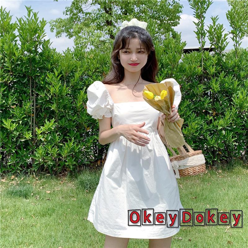 Đầm Cổ Vuông Tay Phồng Ngắn Hở Lưng Thắt Nơ Thời Trang Cho Nữ