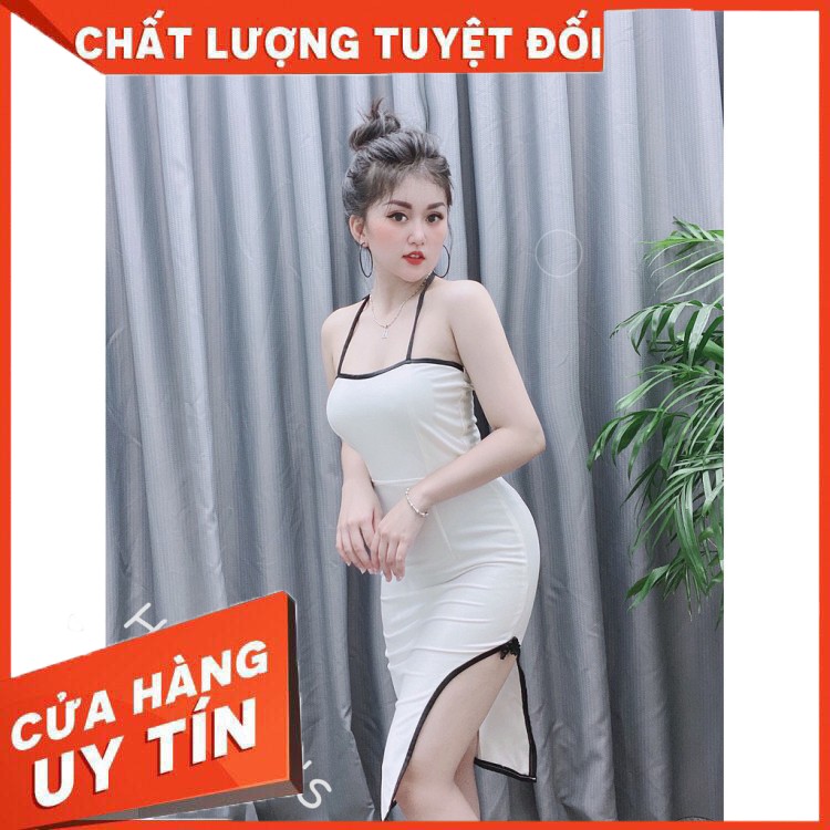 ✔️hienphamstore✔️ Đầm yếm hở lưng cột dây cổ, viền đen cá tính mạnh, cao cấp đi tiệc - DN7046