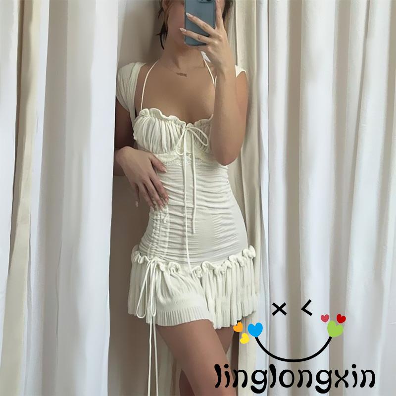 Đầm Ngắn Tay 2 Dây Rút Màu Trắng Thời Trang Mùa Hè Cho Nữ