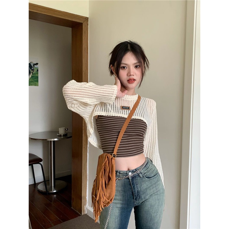 Áo Hai Dây Dệt Kim Kẻ Sọc Dài Tay Dáng Ôm Cho Nữ JL-TX-505