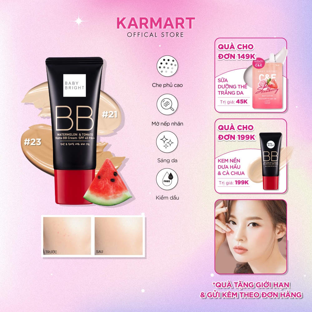 Kem Nền Kiềm Dầu Dưa Hấu Và Cà Chua Baby Bright Watermelon &amp; Tomato Matte BB Cream SPF45 PA++ 30G