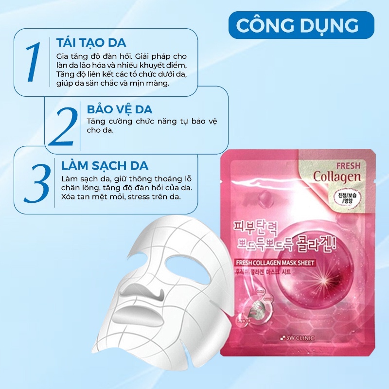 Combo 10 Túi Mặt Nạ Giấy Collagen Dưỡng Da 3W Clinic Hàn Quốc Chiết Xuất Từ Collagen Giúp Da Trắng Sáng Mềm Mịn 23mlx10