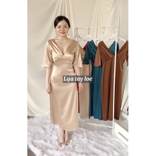 Đầm lụa cổ tim khoét sâu có tay Mevauyen