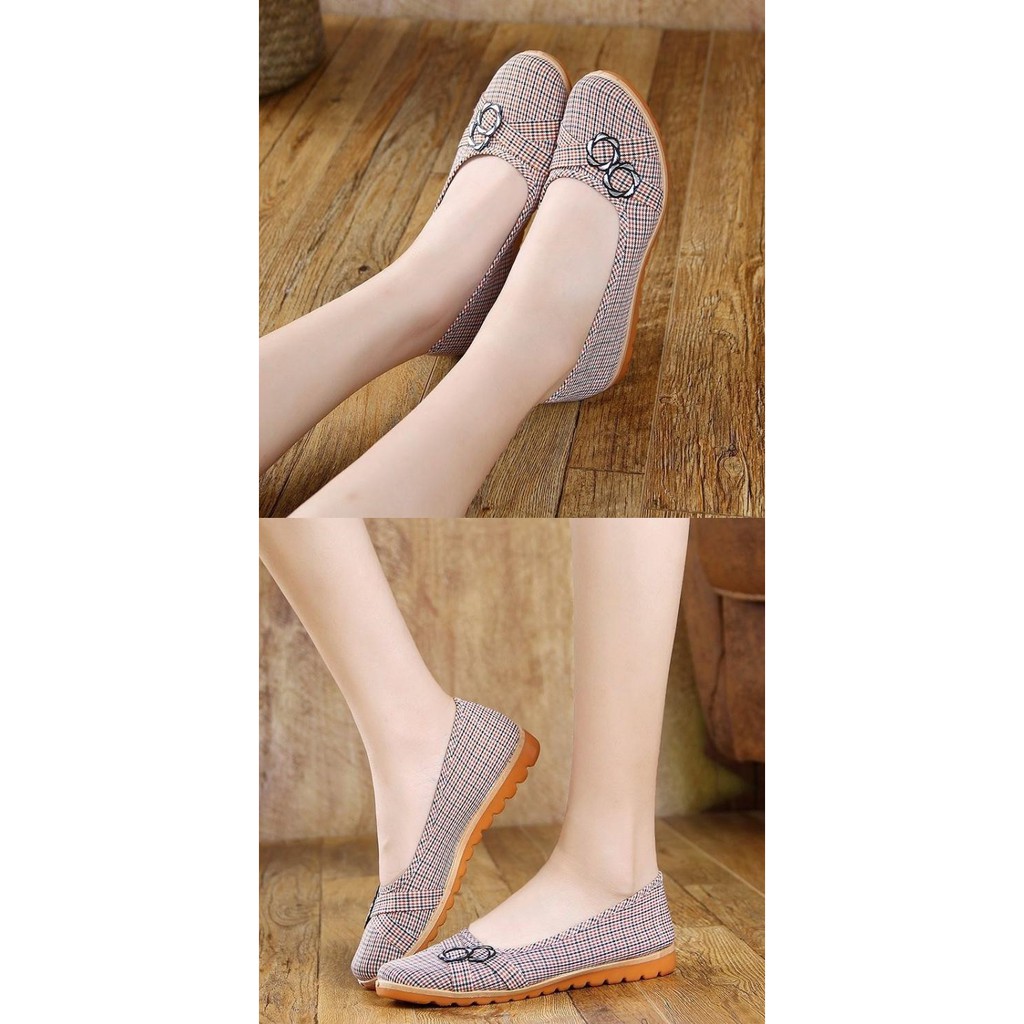 Giày lười nữ vải mềm mũi tròn đế bệt cao 2cm đen cam