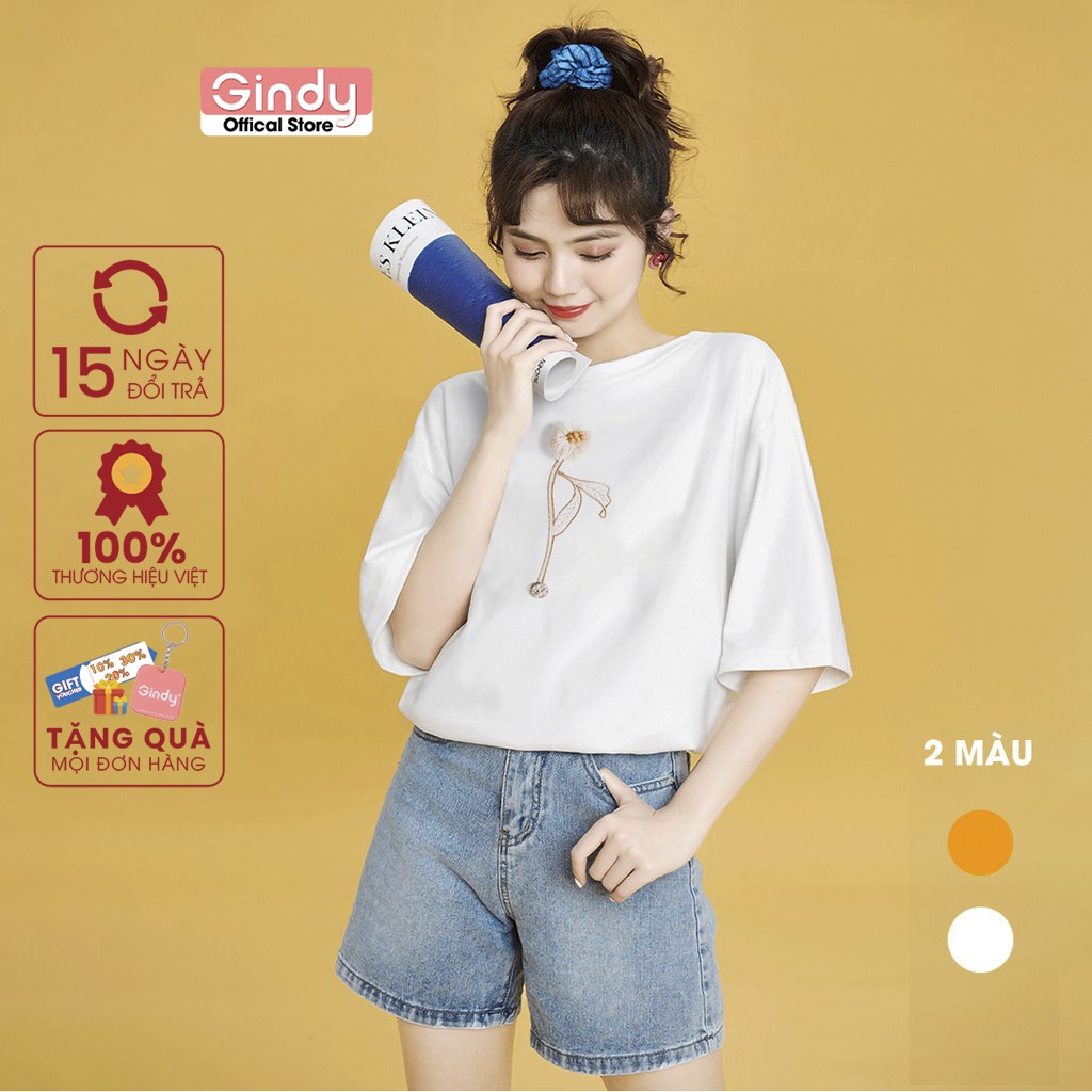 Áo phông unisex nữ cổ tròn GINDY in hình hoa tay lỡ dáng basic chất cotton co giãn, thoáng mát A20029