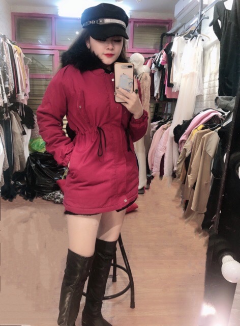 Áo kaki lót bông mũ lông màu đỏ đô kèm ảnh và video thật