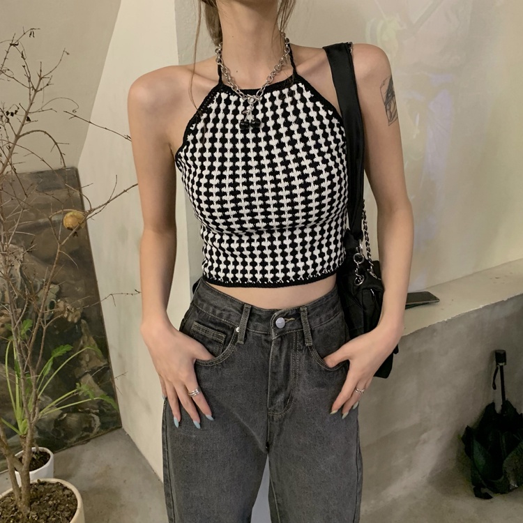 Áo hai dây sọc caro trắng đen cá tính thoải mái thời trang mùa hè phong cách Hàn Quốc