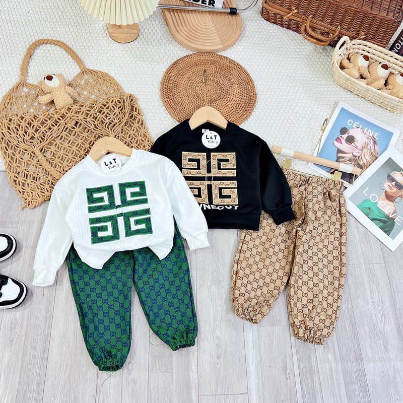sét bộ quần áo dài tay thu đông gg vải xốp da cá cho bé trai(8-20kg)