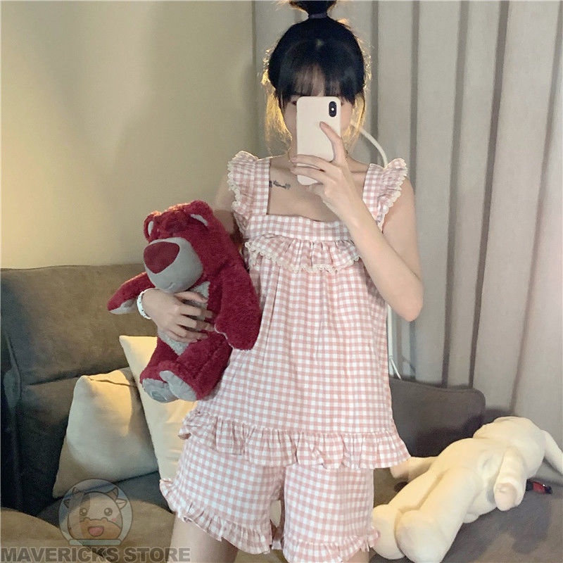 Bộ Đồ Ngủ Áo Hai Dây Và Quần Short Họa Tiết Caro Dễ Thương Phong Cách Hàn Quốc Cho Nữ