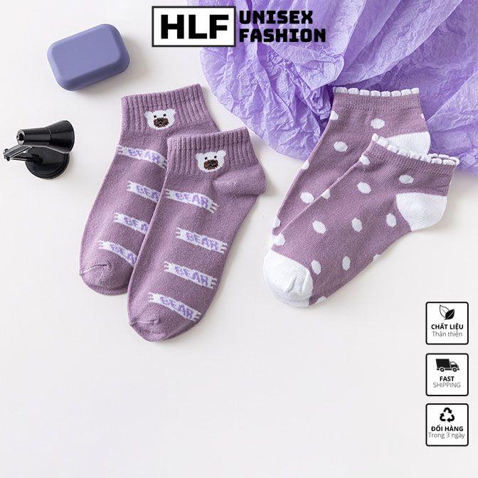 Tất vớ nữ Cotton cổ tròn in gấu tím, tất vớ cổ ngắn HLFashion