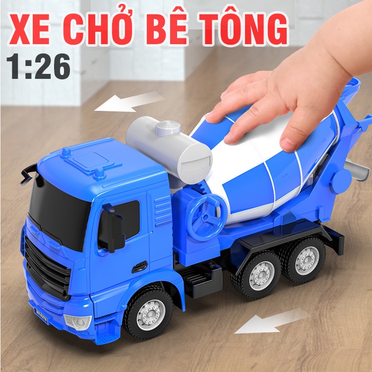 Đồ chơi trẻ em mô hình xe chở bê tông 1:26 bằng nhựa có tay xoay thùng trộn đổ được vật liệu Double E