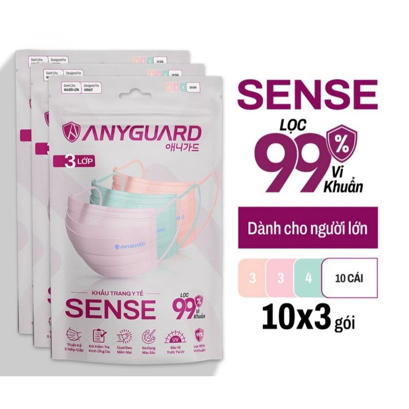 Khẩu Trang Y Tế Sense - có 10 cái 3 màu trong 1 bịch