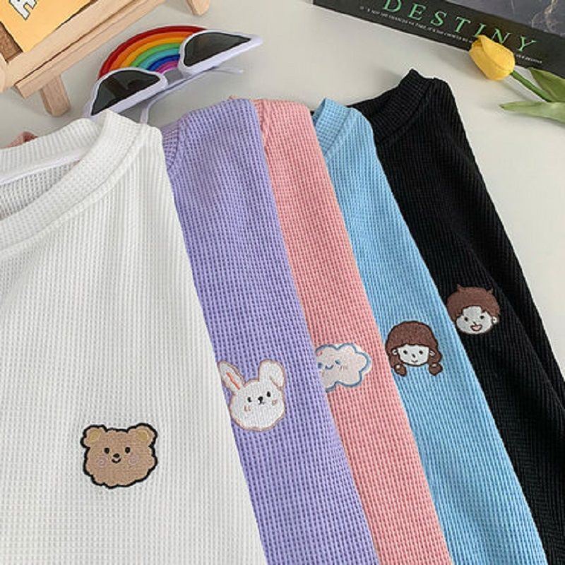 Áo thun tay dài cổ tròn thêu họa tiết hoạt hình phong cách Hàn Quốc cho nữ