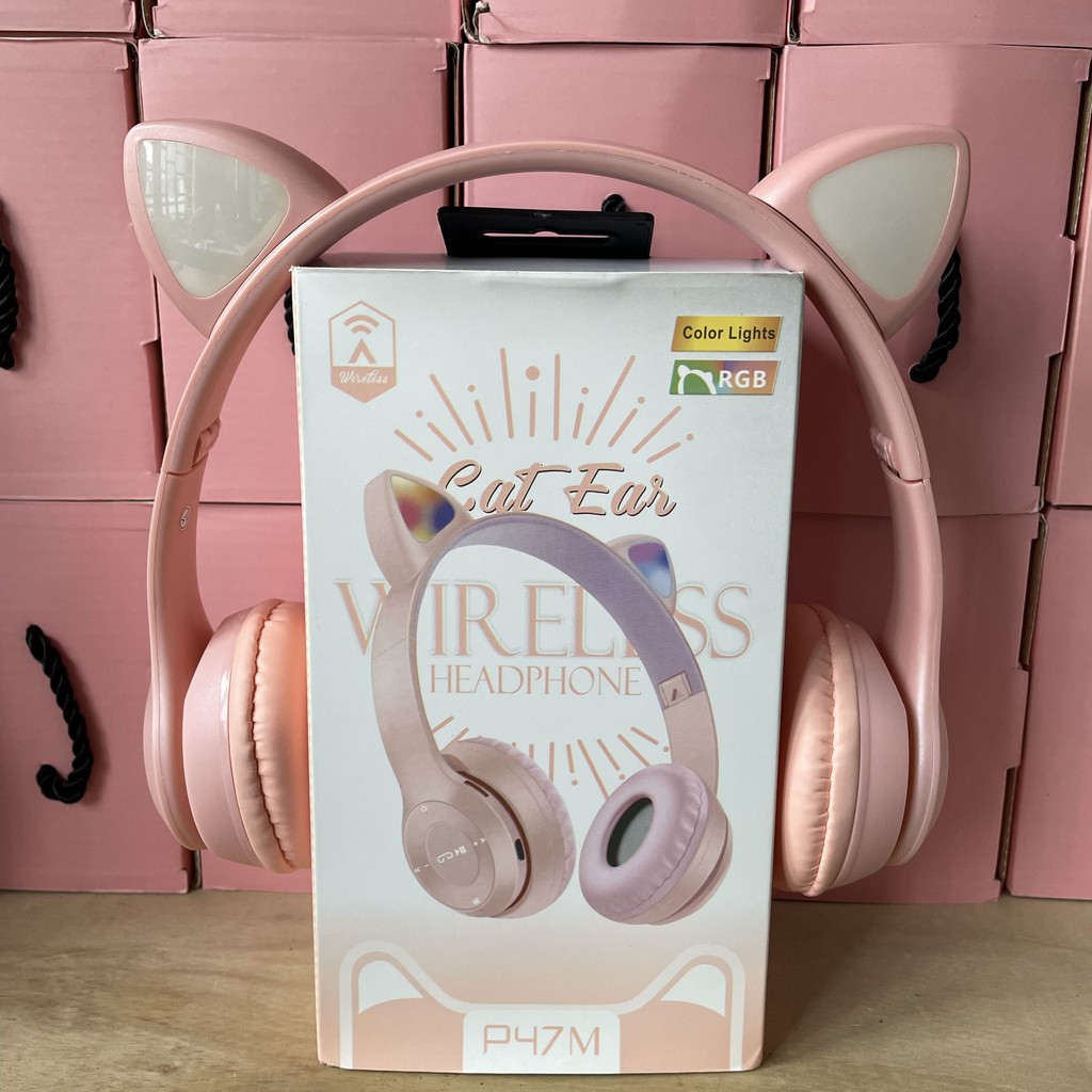 Tai Nghe Mèo Chụp Tai Bluetooth Headphone P47M Có Mic Đèn Led Dễ Thương Livestream Nghe Nhạc Tốt