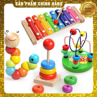 Đồ chơi gỗ bộ 4 món - luồn hạt - con sâu gỗ - đàn gỗ 8 thanh - cầu vồng - giúp bé phát triển thông minh