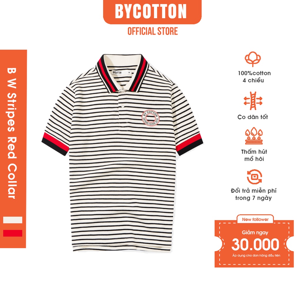 Áo Thun Polo Nam Cổ Bẻ Sọc Trắng Đen Phối Cổ Đỏ BY COTTON B W Stripes Red Collar Polo