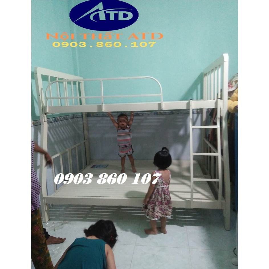 Giường tầng sắt hộp vuông gia đình trẻ em màu kem sơn dày tĩnh điện cao cấp đủ kích thước freeship HCM