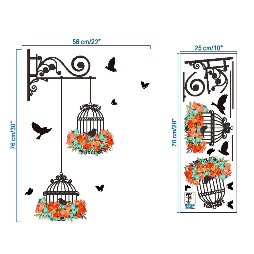 Sticker Dán Tường Họa Tiết Lồng Chim Và Hoa Dùng Trang Trí Phòng Khách / Phòng Ngủ