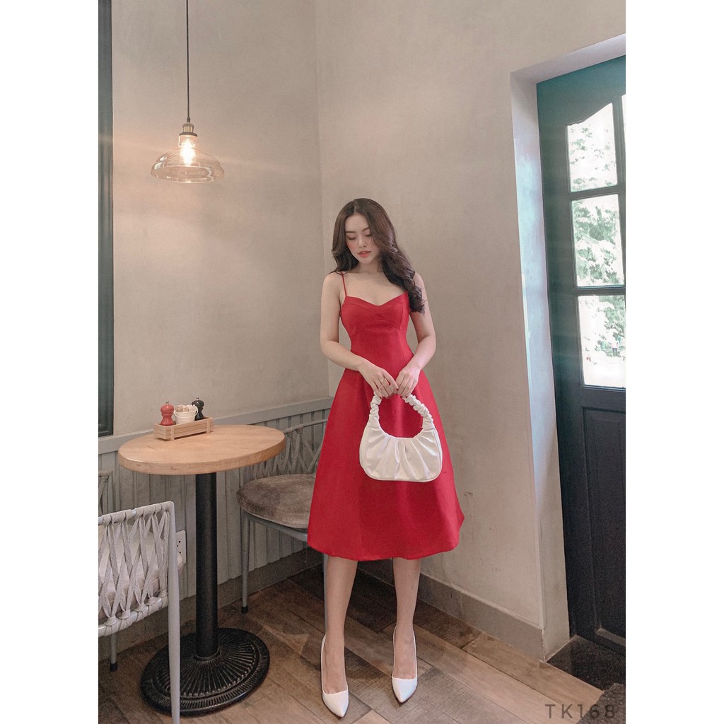 [SHIP 2H] Váy đầm dự tiệc dáng xòe đỏ 2 dây thiết kế cúp ngực trẻ trung | BigBuy360 - bigbuy360.vn