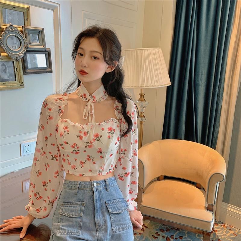 Áo Blouse Nữ Tay Dài Hở Vai In Hoa Thời Trang
