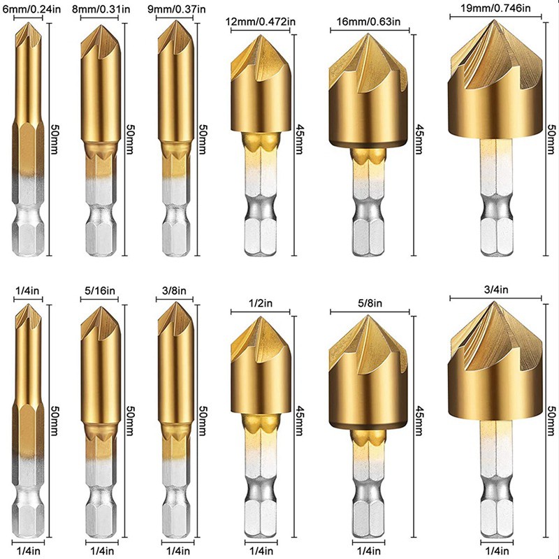 13 Pieces Countersink Drill Bit Set Counter Sinker Drill Bits 1/4 Inches Hex Shank 5 Flute Countersink Center Punch Tool