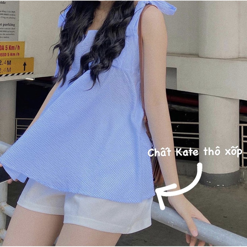 Set Áo 2 Dây Buộc Nơ Xanh Kate PEONYB Nữ [FREESHIP]  Bộ đồ babydoll kẻ caro bánh bèo kèm short form rộng Ulzzang