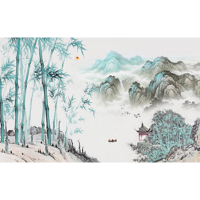 Tranh dán tường tự chọn HD Bức tranh thủy mặc HUD0578 KT 80 x 50 cm Kim sa