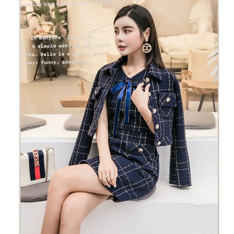 (SẴN) Set dạ xanh than váy liền kèm áo khoác