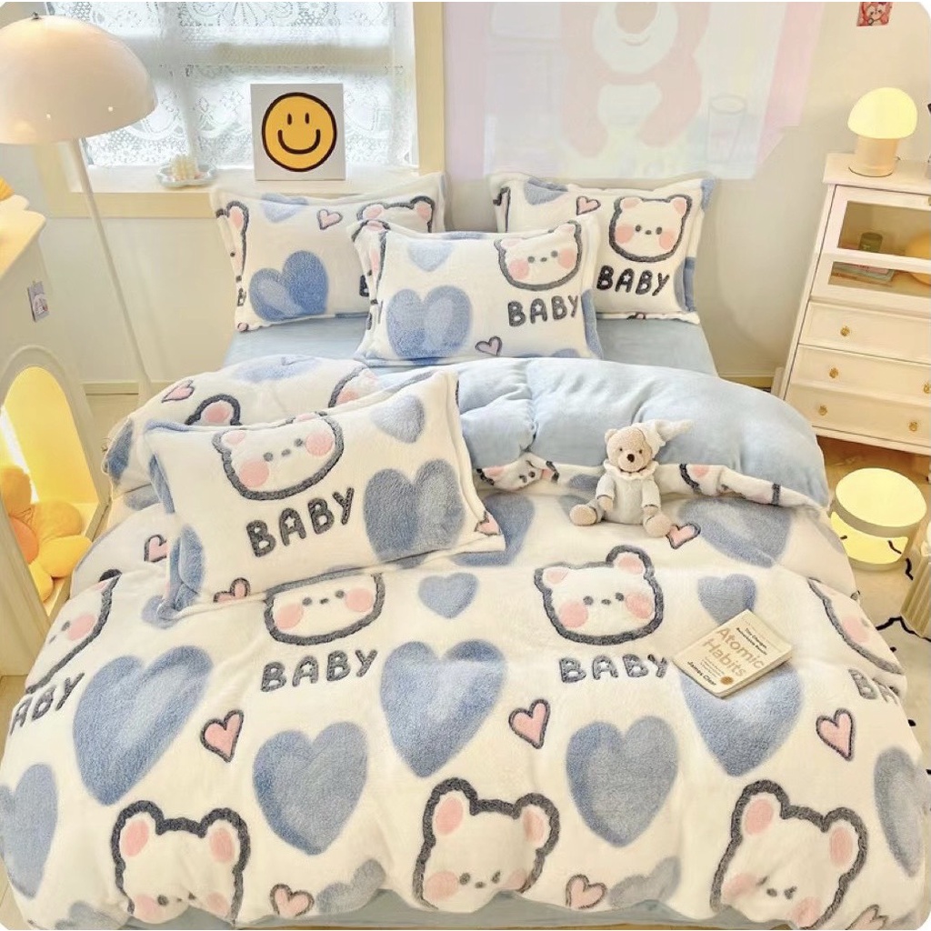 Bộ Chăn Ga Gối Nỉ Nhung Tuyết Sữa 3D Mềm Mịn, Bộ Chăn Ga Gối Nỉ Nhung Cao Cấp