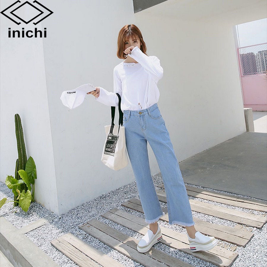Quần jean nữ INICHI Q715 trơn xanh nhạt chất mát co dãn nhẹ | BigBuy360 - bigbuy360.vn