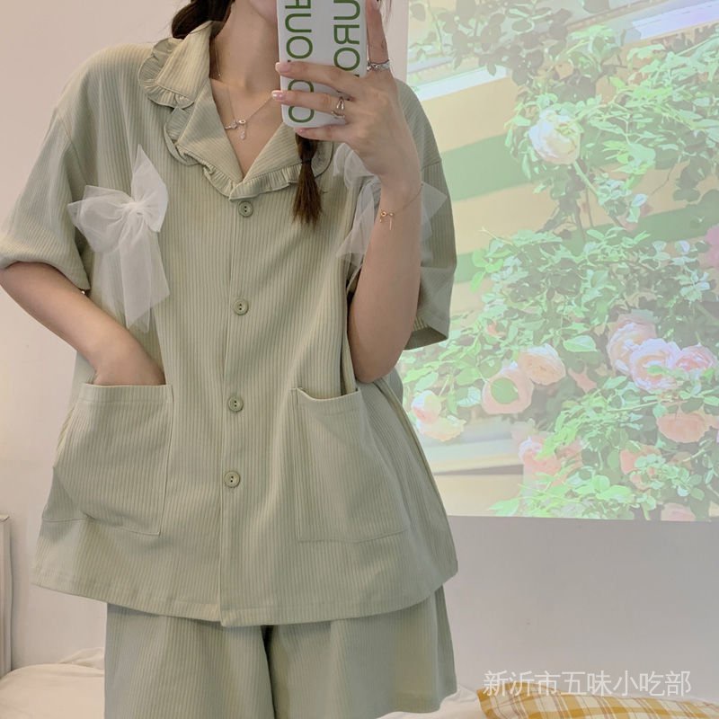 Bộ Đồ Ngủ Tay Ngắn Phối Ren Phong Cách Nhật Bản Dễ Thương Thời Trang Mùa Hè Cho Nữ