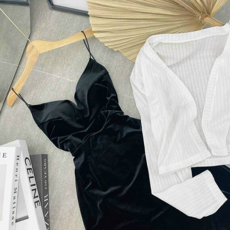 sét đầm nhung 2 dây phối áo khoác