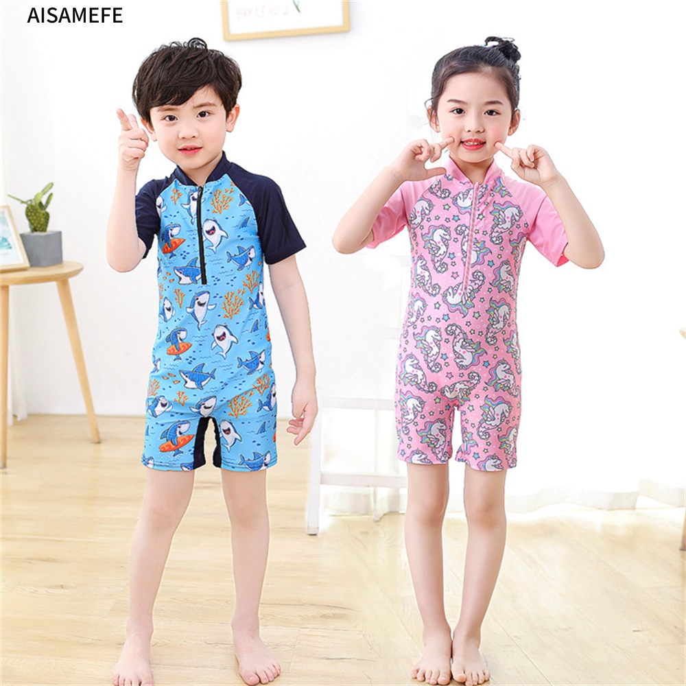 Bộ Đồ Bơi Liền Thân Tay Ngắn In Hình Kỳ Lân Hoạt Hình Dành Cho Bé Trai 3-11 Tuổi