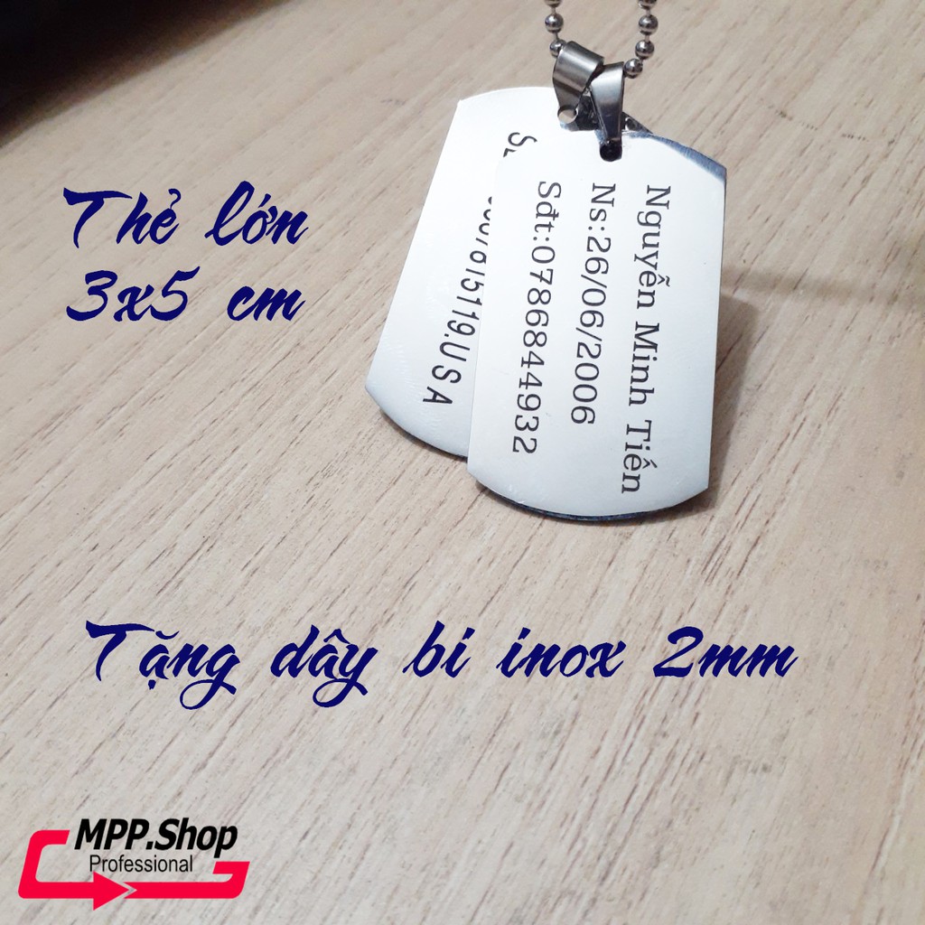 (Tặng Dây) Mặt dây chuyền hình thẻ bài khắc tên theo yêu cầu - tặng dây bi 3.2 mm