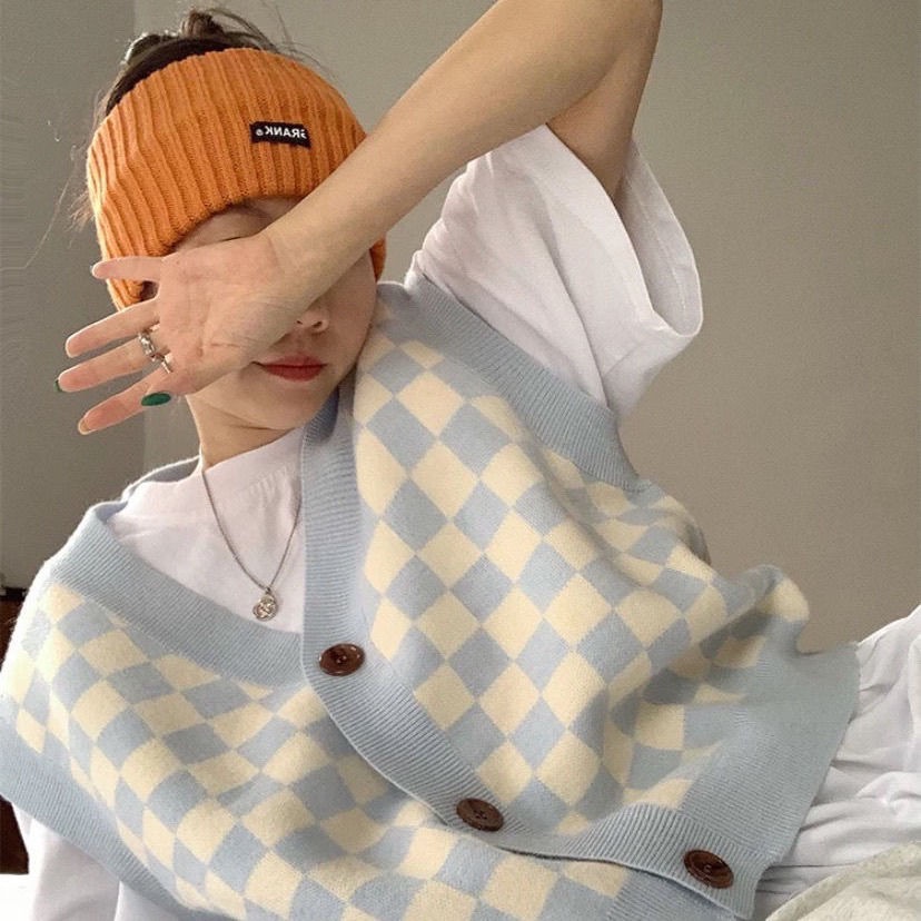 COZOK Áo sweater cổ chữ V họa tiết sọc caro phong cách Hàn Quốc