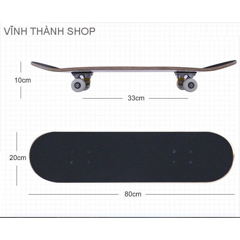 Ván trượt thể thao skateboard gỗ phong 7 lớp mặt đen nhám chống trơn trượt tải trọng 180kg dành cho người lớn và trẻ em