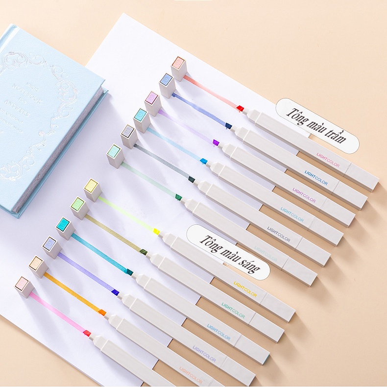 Combo 12 bút highlight 2 đầu Light Color màu Pastel HI06 kèm sticker, bút nhớ đánh dấu thân vuông