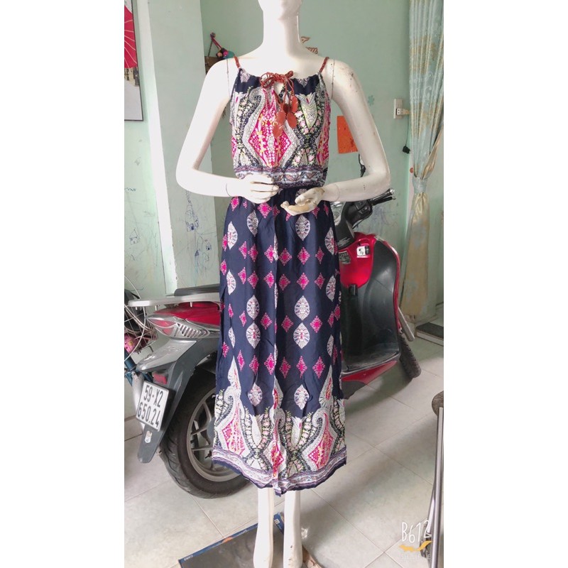 [chọn màu]Đầm maxi lanh lụa yếm cách điệu dây da xinh xắn (47-60ky) | BigBuy360 - bigbuy360.vn