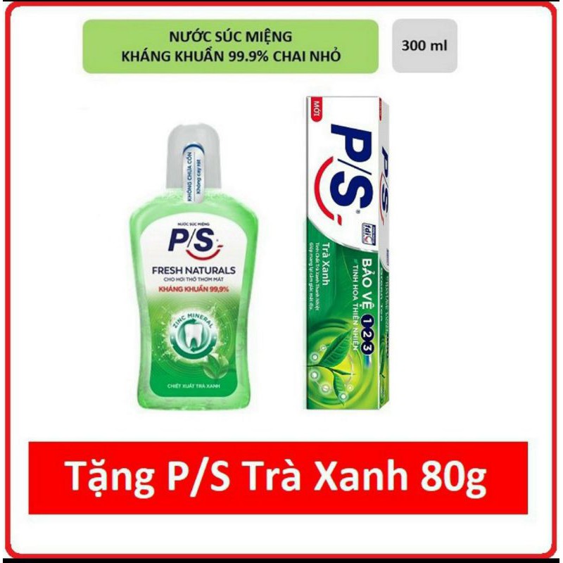 [Siêu Rẻ] 4 chai Nước súc miệng không chứa cồn không cay rát P/S 130ml, Ps trà xanh 300ml tặng Kem Đánh Răng 80gr