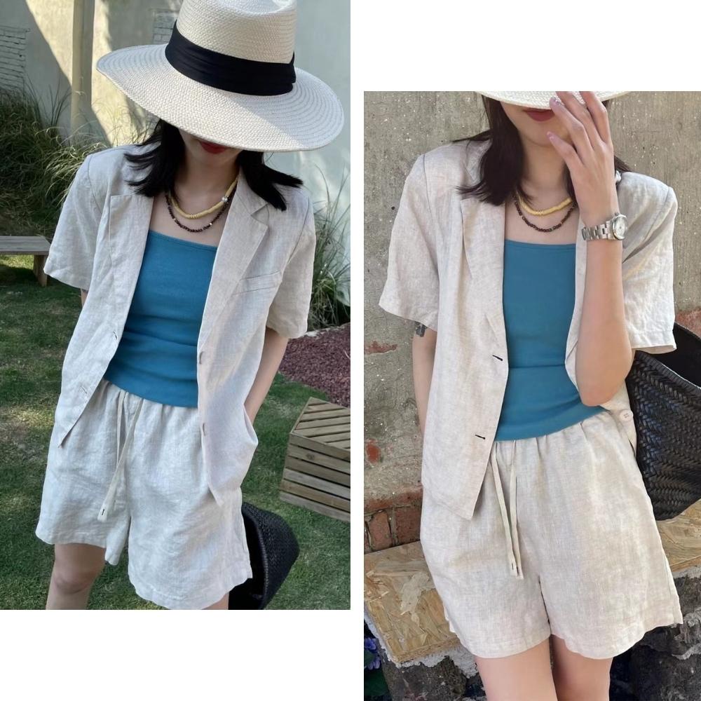 Set đồ nữ vải đũi linen gồm áo khoác vest ngắn croptop thiết kế và quần short đùi lưng chun ống rộng có bigsize 80kg